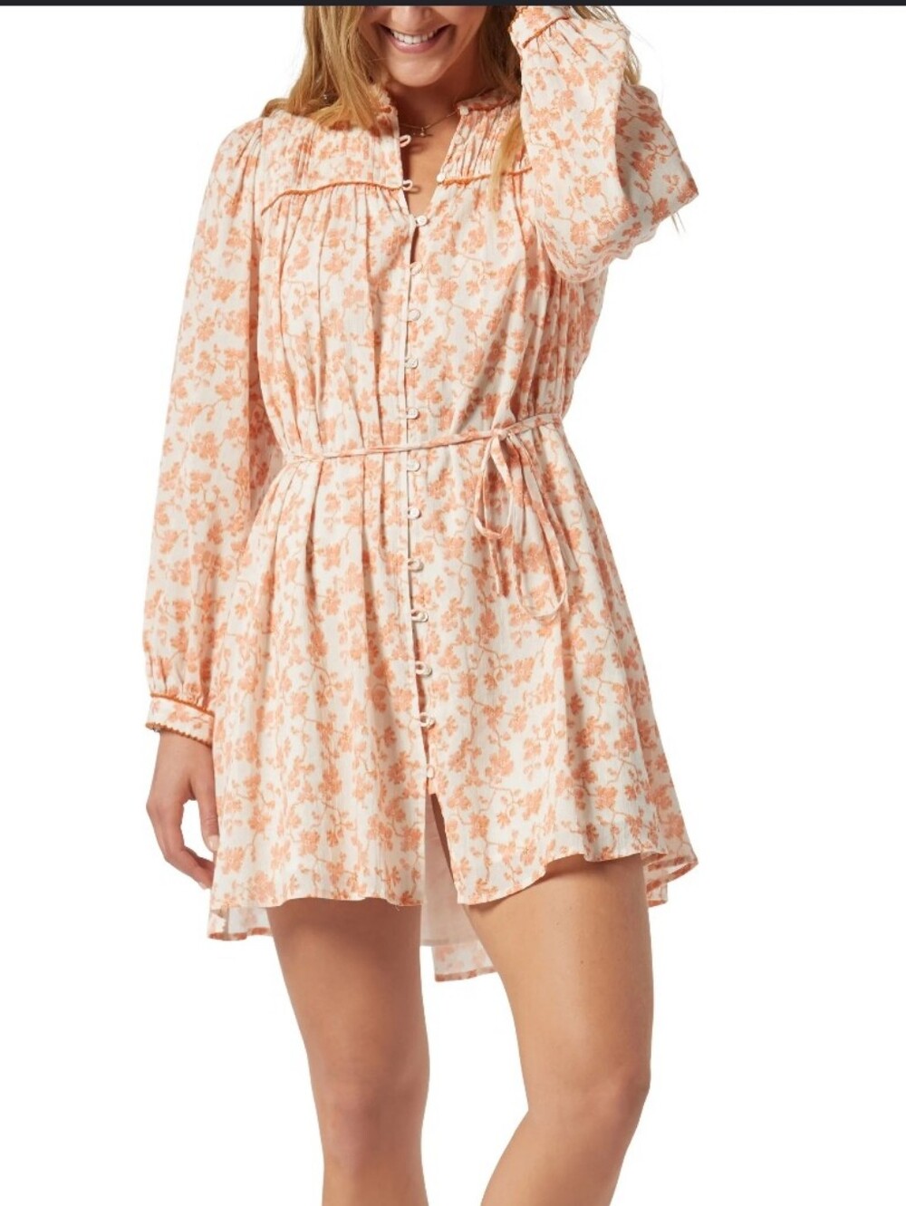 NWT Joie Challensia Pin Tuck Floral Tie-Waist Long-Sleeve Mini Dress Peach S